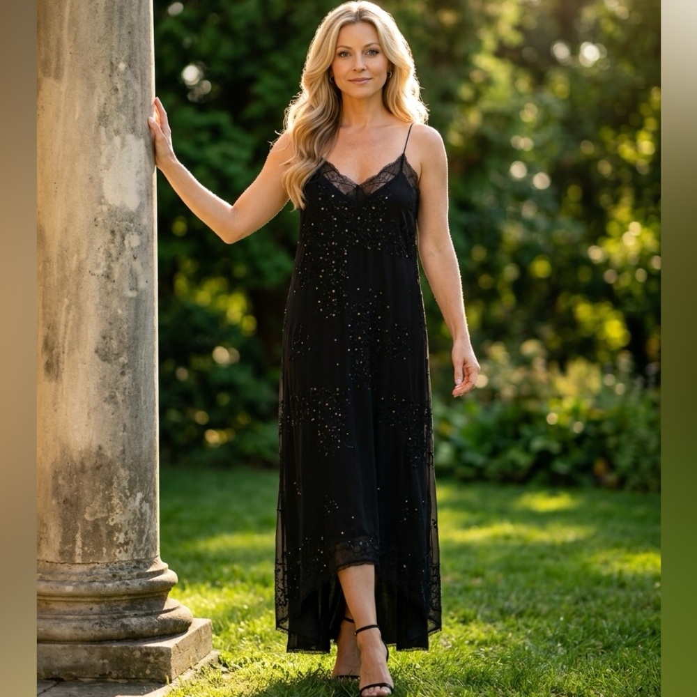 $448 Zadig & Voltaire Black Lace-Trim studs Midi dresses women’s size small nwt